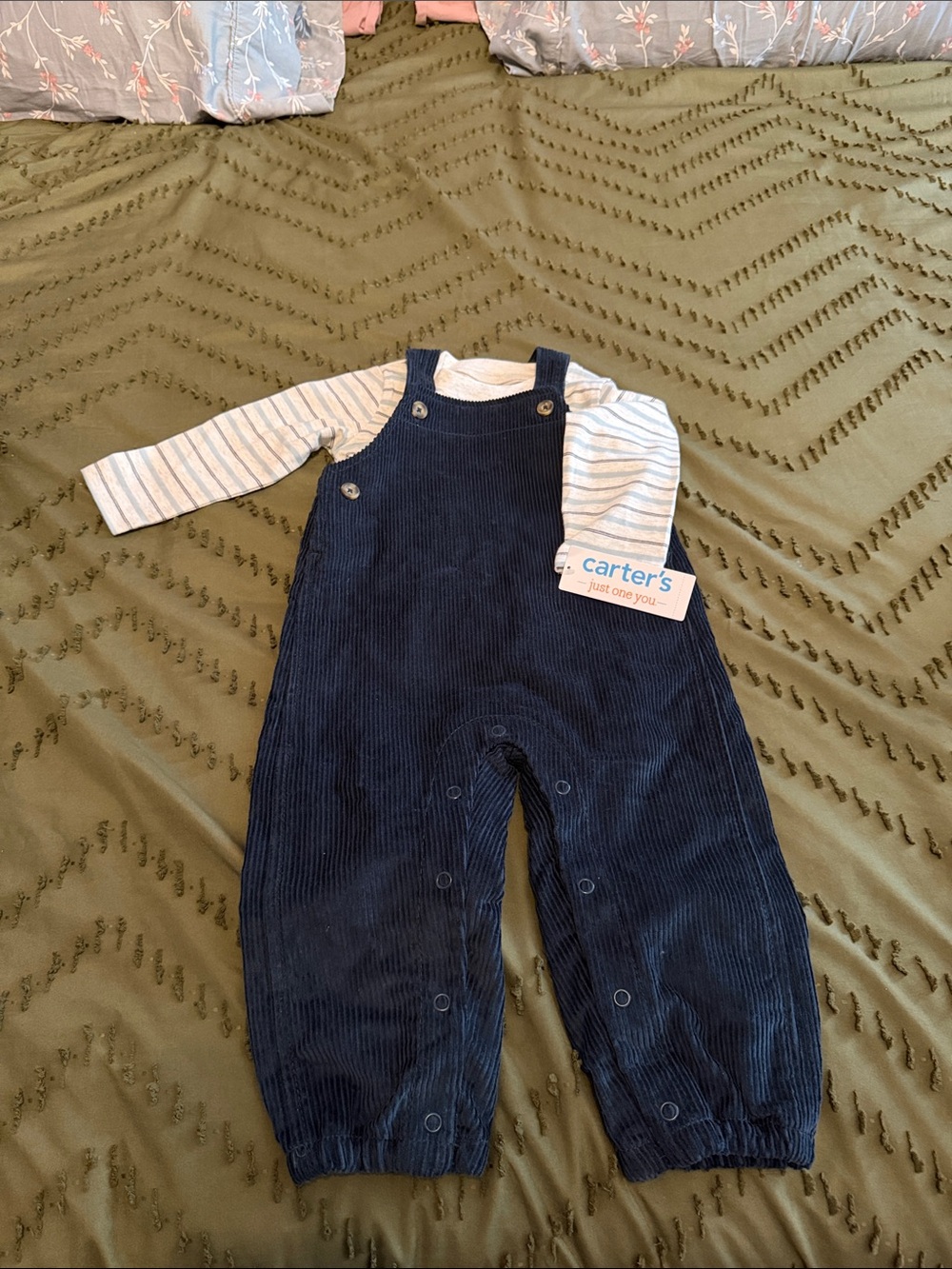 Carter's Navy Corduroy Overalls with Cream & Blue Striped Top